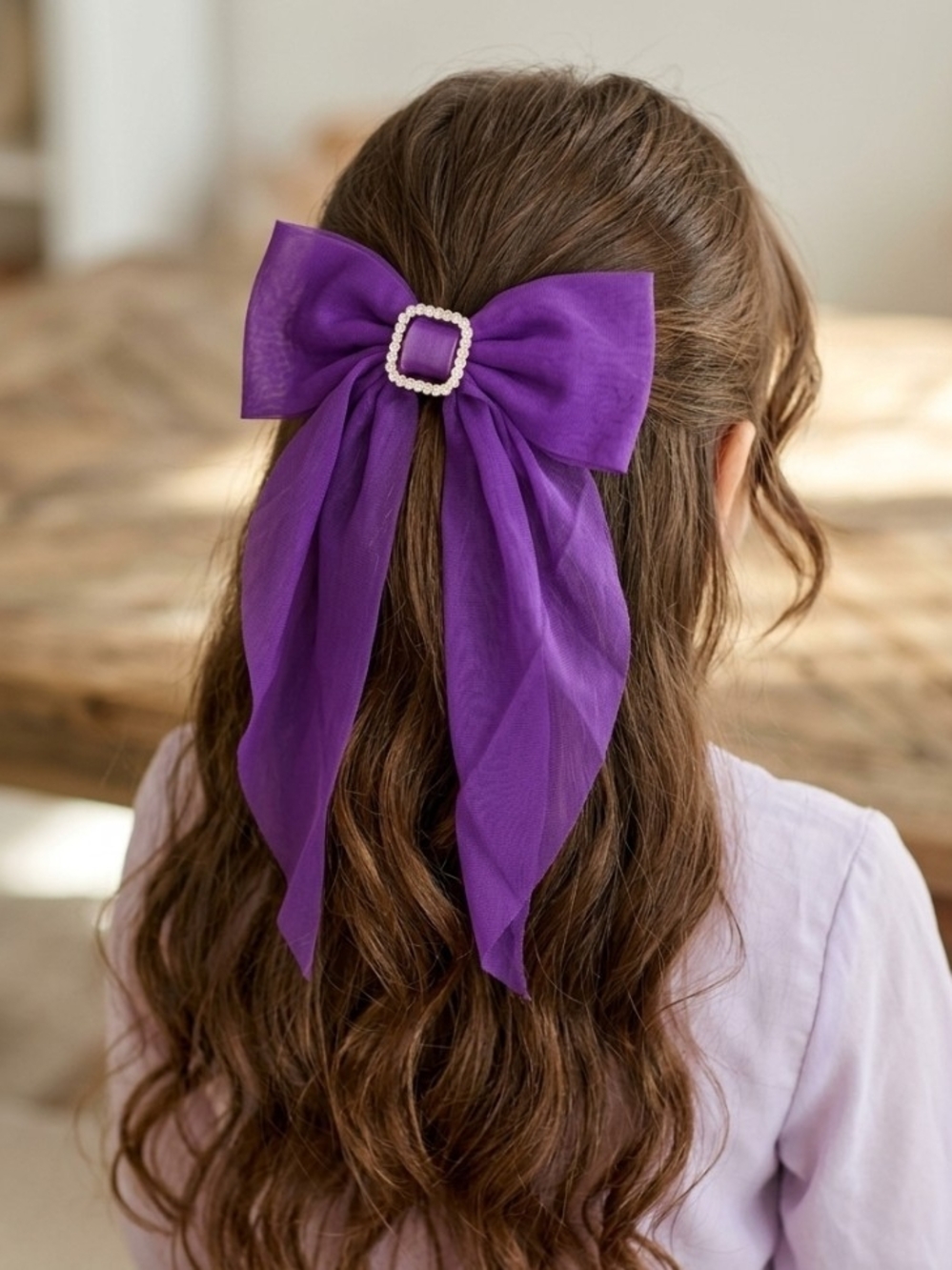 Purple Girls' Bow Hair Clip with Rhinestone Buckle